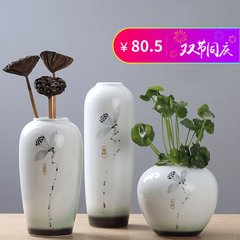 The new Chinese modern ceramic flower vase of flowers with bright glaze ink lotus flower Home Furnishing desktop living room furnishings Three piece set