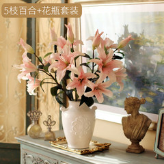 The fish house west realistic touch PU lily flower simulation model room decoration flower vase set floor silk flower 5 pink lilies + white vases