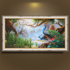 Peacock landscape, Fengshui hand-painted oil painting decorative painting, living room sofa, background entrance, American bedroom, framed painting hanging picture 23 cm *28 cm Silver frame 4 Oil film laminating + low reflective organic glass