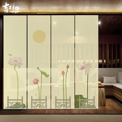Lotus hanging curtain of auspicious home Chinese tea room curtain hanging curtain hanging curtain hanging screen porch curtain sitting room partition creative lifting and lifting column 0.5x2 meters x4 pieces of half-transparent style