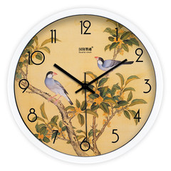 包邮 创意艺术工笔花鸟中式现代客厅卧室静音挂钟时钟石英壁钟718 14英寸 金属白色烤漆框
