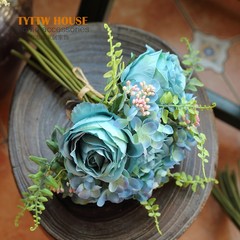 High quality French rose flower bride bouquet. Handmade decorative flower painting like flowers flower simulation Blue Hydrangea rose leaves holding flowers
