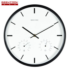 The Nordic minimalist modern family living room wall clock clock watch fashion Home Furnishing metal quartz clock round 14 inches Black scale - temperature and humidity
