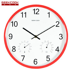 The Nordic minimalist modern family living room wall clock clock watch fashion Home Furnishing metal quartz clock round 14 inches Red numerals - temperature and humidity