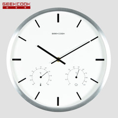 The Nordic minimalist modern family living room wall clock clock watch fashion Home Furnishing metal quartz clock round 14 inches Silver scale - temperature and humidity