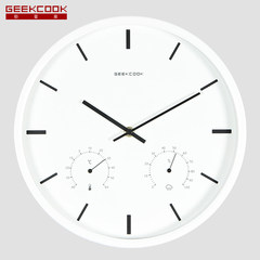The Nordic minimalist modern family living room wall clock clock watch fashion Home Furnishing metal quartz clock round 14 inches White scale - temperature and humidity