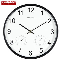 The Nordic minimalist modern family living room wall clock clock watch fashion Home Furnishing metal quartz clock round 14 inches Black digital band temperature and humidity