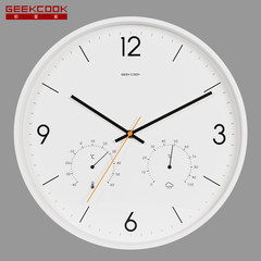 The Nordic minimalist modern family living room wall clock clock watch fashion Home Furnishing metal quartz clock round 14 inches White 4 numbers - temperature and humidity