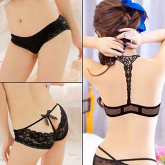 Back cross gather small chest sexy underwear buckle neck without the mark before the summer lady a steel ring bra set D black bra + underwear 32/70A is thinner and thinner