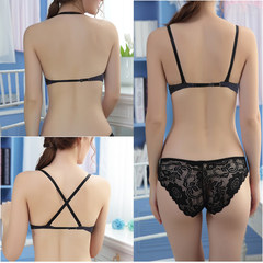 Back cross gather small chest sexy underwear buckle neck without the mark before the summer lady a steel ring bra set F black single bra + underwear 32/70A is thinner and thinner