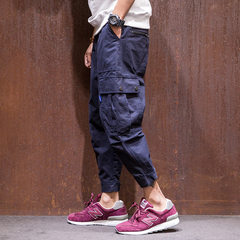 MRXXX Japanese Harajuku pocket Haren pants men autumn color all-match loose pants eight student pants 3XL Navy Blue