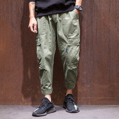 MRXXX Japanese Harajuku pocket Haren pants men autumn color all-match loose pants eight student pants 3XL Light green