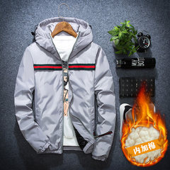 A winter coat padded short young Korean male students add fertilizer increased men's cotton padded jacket thick fat men 3XL Silver gray