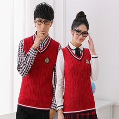 College wind wool vest male V collar wool vest sleeveless sweater female students knitted vest thick section of teenagers Male XXS code Red (7 pin vest)