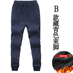 Sports pants men fall casual pants slim fit pants feet Haren winter velvet trousers with thick warm pants. L (30-31 code) B navy blue with cashmere thickening