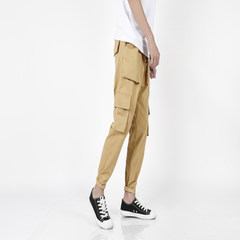 Loose trousers pocket multi male overalls tide of youth fall on the Shawn Yue tide brand Haren feet leisure pants 3XL Straight section routine Khaki