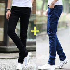 Men's black jeans, men's straight, slim feet, men's pants, men's pants 28 yards (2.16 feet) Black pants + pure blue pants