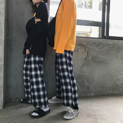 South Korea INS with BF wind street all-match Vintage Plaid Harajuku relaxed casual men and women straight wide leg pants M Plaid pants