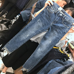 Fat sister autumn 2017 new large size women fat mm jeans pants female ninth pants split chic Big code L recommend 110-120 Jin wear blue
