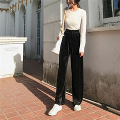 Hong Kong style retro chic wind autumn all-match high waisted velvet wide leg pants loose thin pants female temperament tide F Champagne high quality Edition