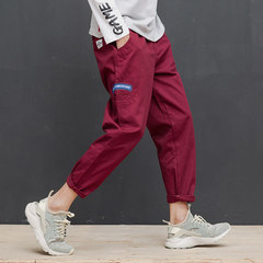 The original tide brand badge design fall straight male overalls casual pants Japanese youth nine pants pants students S Claret