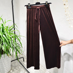 Korean drawstring elastic waist autumn thin velvet wide leg pants female loose straight all-match leisure pants F Dark coffee