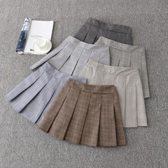 2017 new Korean style autumn and winter style college style pleated skirt pants waist waist A word half skirt, autumn skirt, female uniform code gray brown lattice.