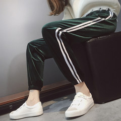 The wind in autumn and winter sports pants female Harajuku plus velvet Korean Hong Kong style retro Haren all-match loose pants students casual pants S Blackish green