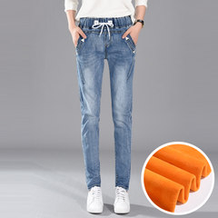 Elastic waist jeans female 9a11c with cashmere size fat mm waist skinny pants Haren loose pants Thirty-four 338 light blue [velvet]