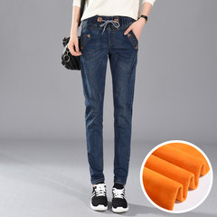 Elastic waist jeans female 9a11c with cashmere size fat mm waist skinny pants Haren loose pants Thirty-four 338 dark blue [velvet]