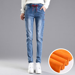 Elastic waist jeans female 9a11c with cashmere size fat mm waist skinny pants Haren loose pants Thirty-four 2217 light blue [velvet]