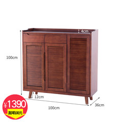 Solid wood shoe cabinet, simple modern multifunctional lobby, simple entrance cabinet, large capacity open door economical louver cabinet Ready 3 doors with mahogany color