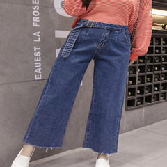 2017 new Korean loose straight nine female student summer high waisted skinny jeans wide leg pants in the spring and Autumn 3XL Navy Blue Lace