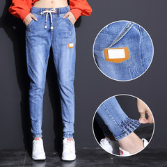 Elastic waist jeans waist size Haren pants female autumn Korean loose fat mm plus velvet thick denim trousers female Twenty-five Blue 0-11