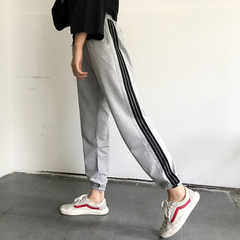 The autumn wind movement of Korean baggy pants side stripe elastic waist straight thin trousers pants nine female S Light grey