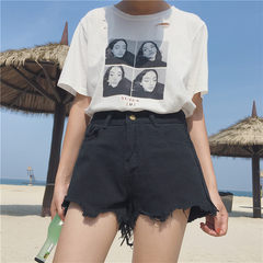 Female summer fashion 2017 new slim denim shorts flash wide leg Korean loose code a word pants S black