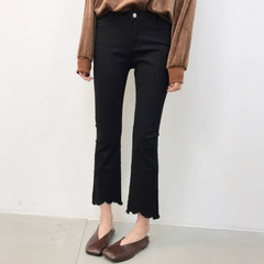 Autumn Korean women's waist trousers irregular thin all-match bellbottoms micro gap nine pants jeans tide S black
