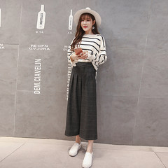 2017 Korean casual pants waist elastic waist loose thick wool plaid pants and pants nine wide leg pants female S [26] Dark grey Plaid