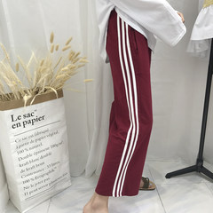Autumn outfit women's wear, Korean stripe sport pants, thin wide leg pants, loose and thin casual pants, nine point pants, student pants M Claret