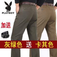 Dandy pants male winter thick business section of men's pants cotton middle-aged man straight loose waisted trousers No. 38 =3 ruler 0 waist circumference Autumn and winter gray green + + Khaki belt