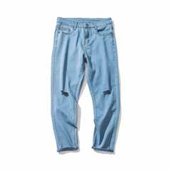 2017 new trends, autumn and winter jeans, men's broken pants, men's casual pants, teenagers' little feet pants Thirty-four Lake blue