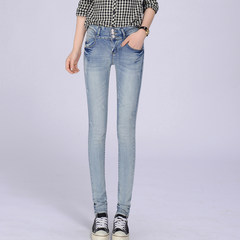 Korean skinny slim slim elastic velvet jeans women age 2017 feet thick all-match new trousers 31 yards 3937 light blue trousers