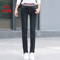 New winter straight jeans pants high waist loose Han thin plus velvet thickened straight legged leisure wide leg Color choice, that is, adding cashmere is to add cashmere Jeans black (979- elastic waist)