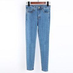 Korean students nine female waist jeans pants fat mm size Stretch Skinny pencil pants feet Note: 200 Jin can be worn Sky blue (without breaking holes)