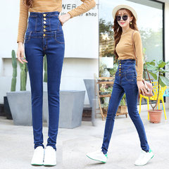 With velvet jeans female winter waist thick warm pants slim slim pencil pants size jeans abdomen 3XL Blue without velvet