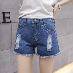 2017 new version of slim hole loose waisted denim shorts in summer all-match flash white female students 26 yards (1 feet 9) Broken hole blue (single piece)