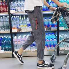 Red Net BF Harajuku wind pants men nine feet - slim trend of Korean Reds Lin Wanwan with shorts M Zipper corduroy grey