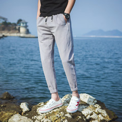 Men's trousers summer autumn new youth Mianma Korean student Haren feet movement nine linen slacks M (28-29) gray
