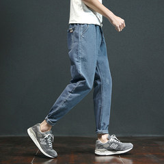 Washed jeans, Japanese retro, simple little pants, trend thin, loose nine points trousers, young men Haren pants tide 3XL blue