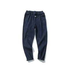 The autumn tide hole in men's skinny pants jeans slim casual pants winter young men. S Navy Blue